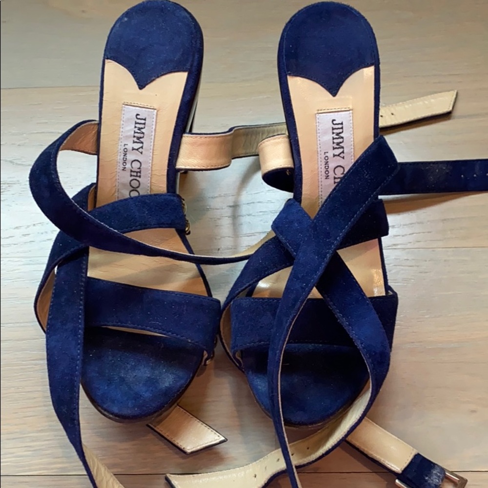 Auth Jimmy Choo 36 Navy Suede ankle wrap heels